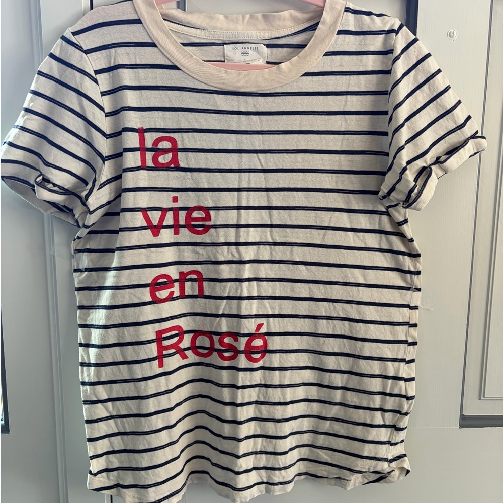 Sol Angeles Navy Striped Tee with Red Text